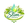 Logo of Slim Drops with green leaves and water droplets on a white background